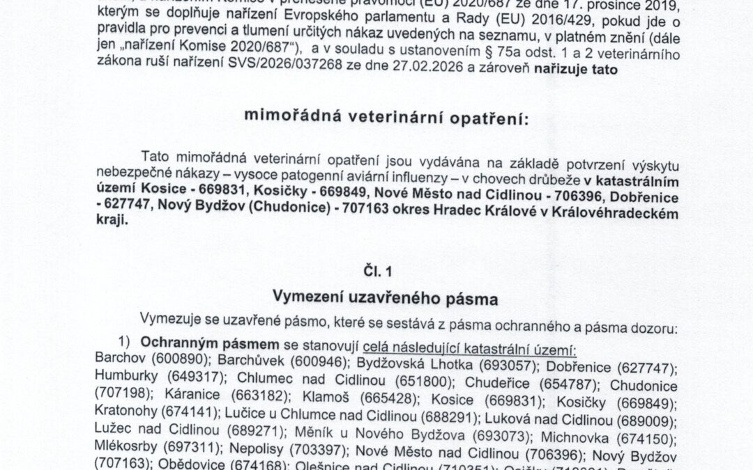 Nařízení státní veterinární správy – Ptačí chřipka!!!